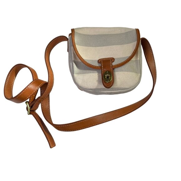 Fossil Crossbody Bag Stipe Gray Biege Adjustable Strap Canvas Purse u - Picture 2 of 9